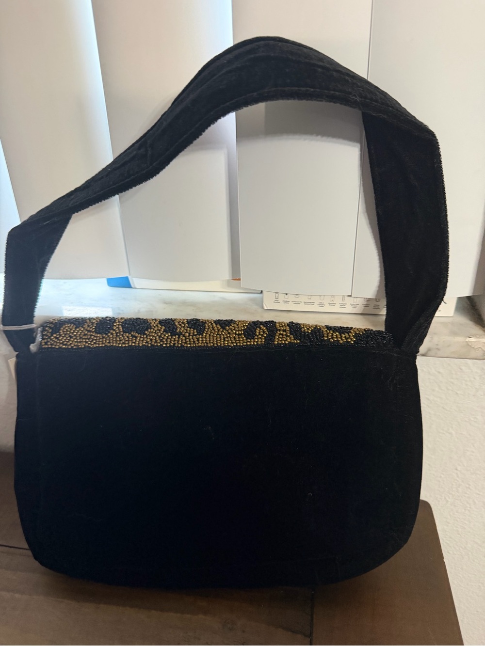 A new day black velour leopard print beaded shoulder bag new purse - Picture 5 of 6